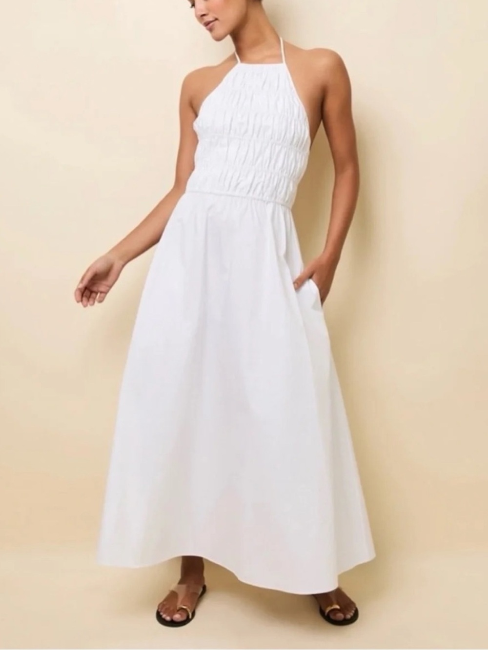 SOLID & STRIPED The Meira Dress White Halter Smocked Maxi Dress. Size XL.
